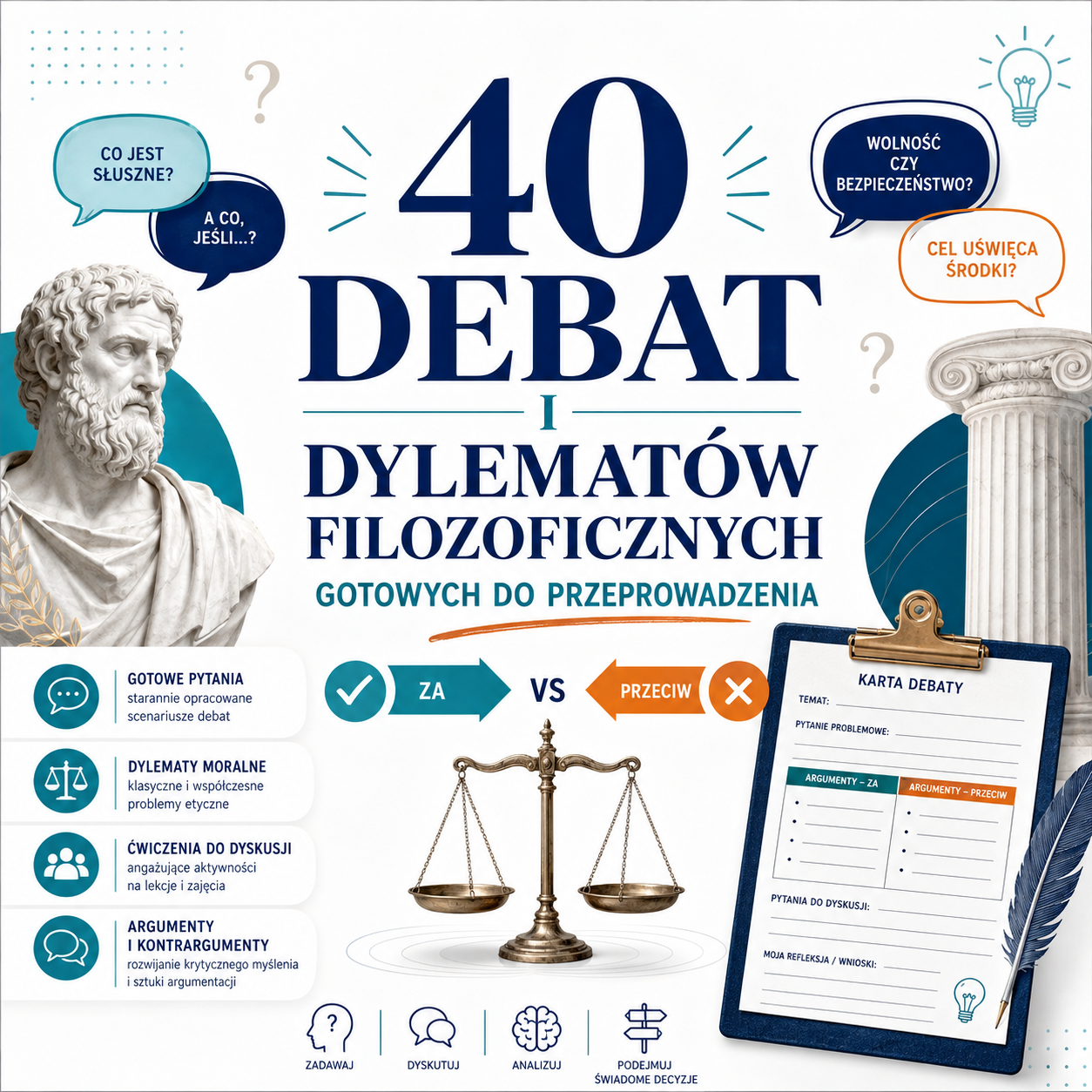 Okładka: 40 DEBAT I DYLEMATÓW FILOZOFICZNYCH GOTOWYCH DO PRZEPROWADZENIA